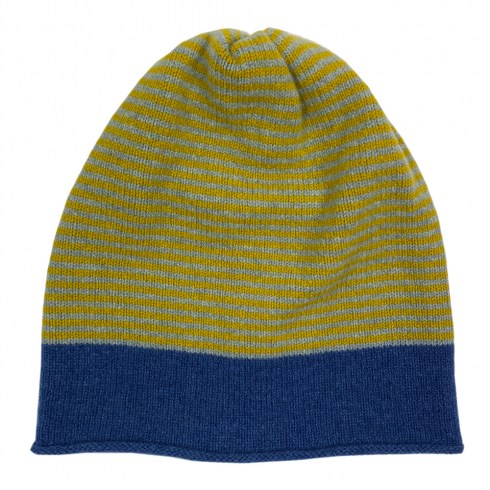 striped beanie piccalilli and light blue with blue trim